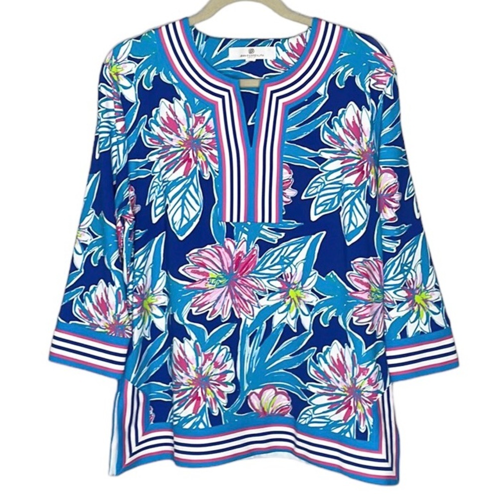 JEAN-PIERRE KLIFA ALEXANDRA TUNIC TOP BRIGHT FLORAL PRINT 3/4 SLEEVES SZ XL